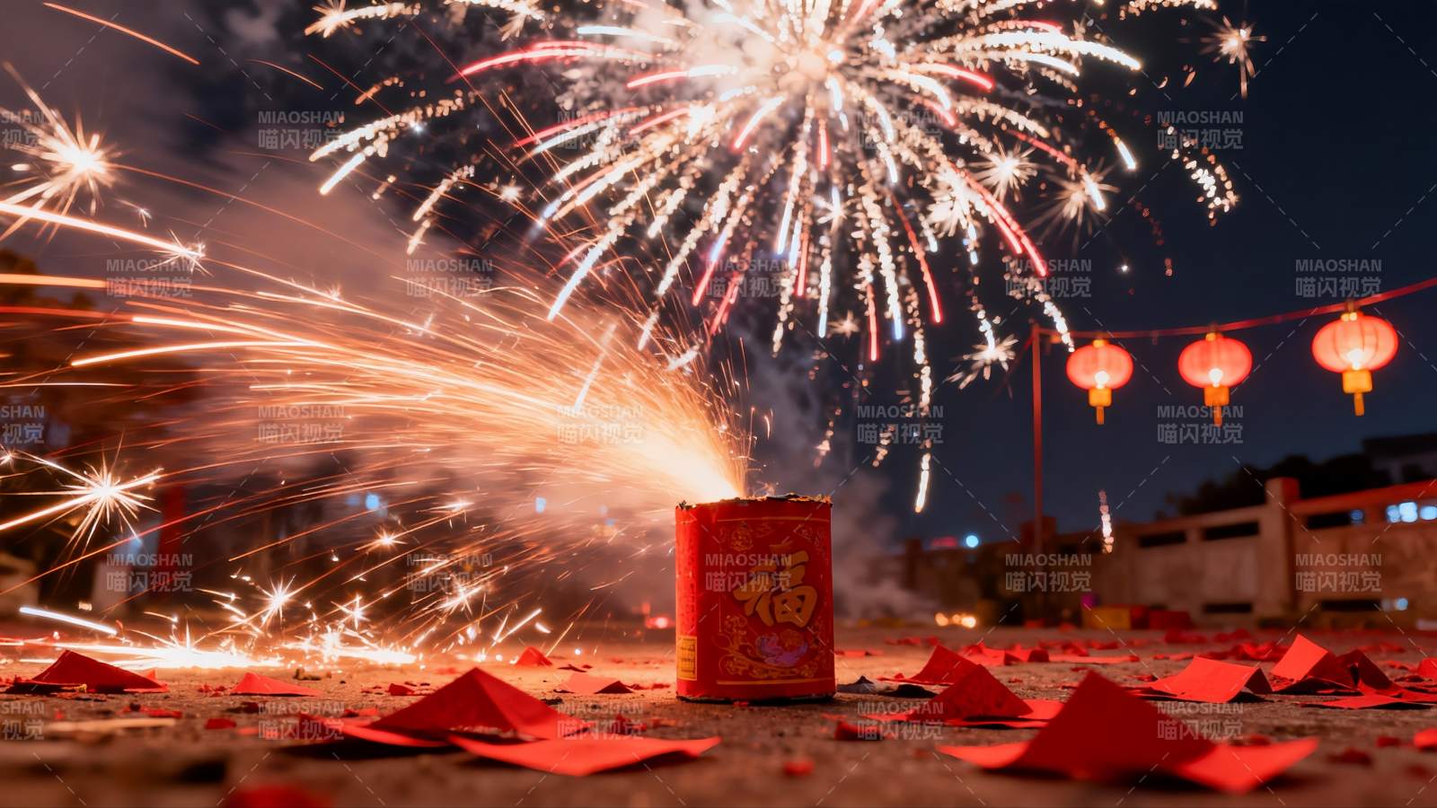 夜空中绽放的烟花与红色纸屑图片
