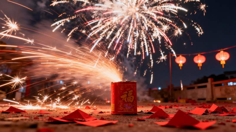 夜空中绽放的烟花与红色纸屑图片