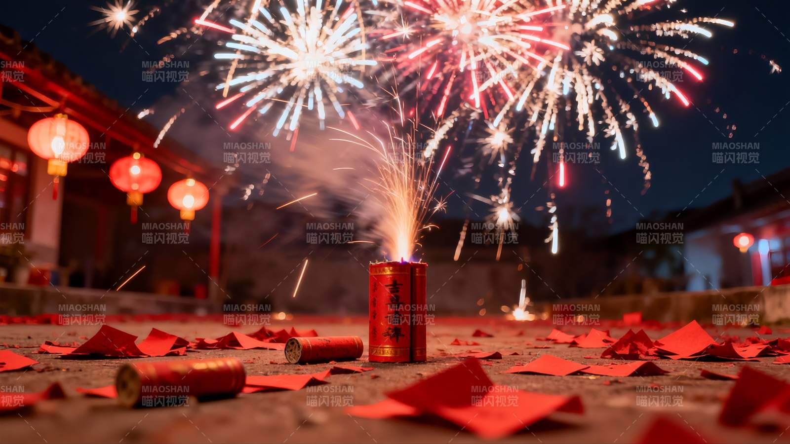 夜空烟花绽放庭院红灯笼图片