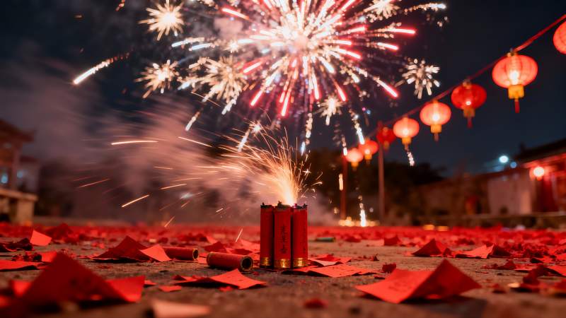 夜空烟花绽放灯笼高挂图片