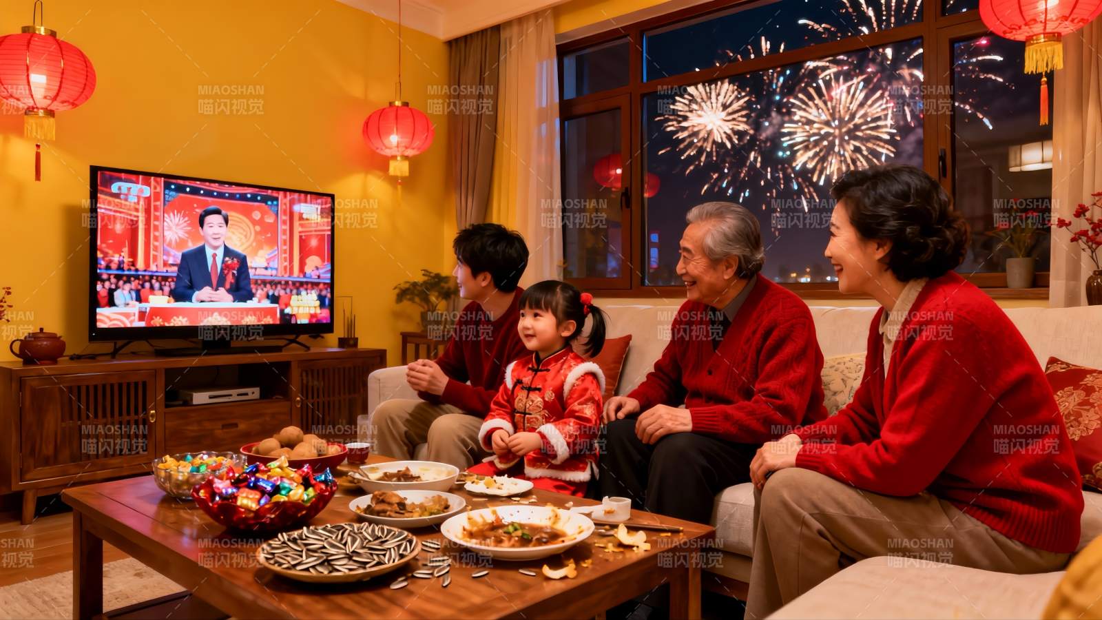全家除夕夜客厅团聚看电视图片