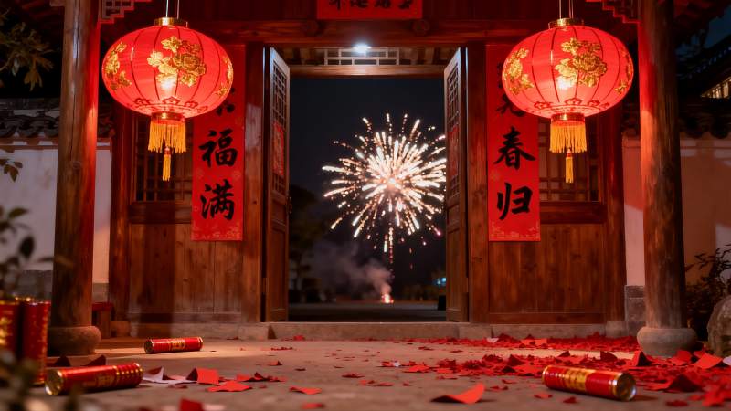 古建筑前夜放烟花庆佳节图片