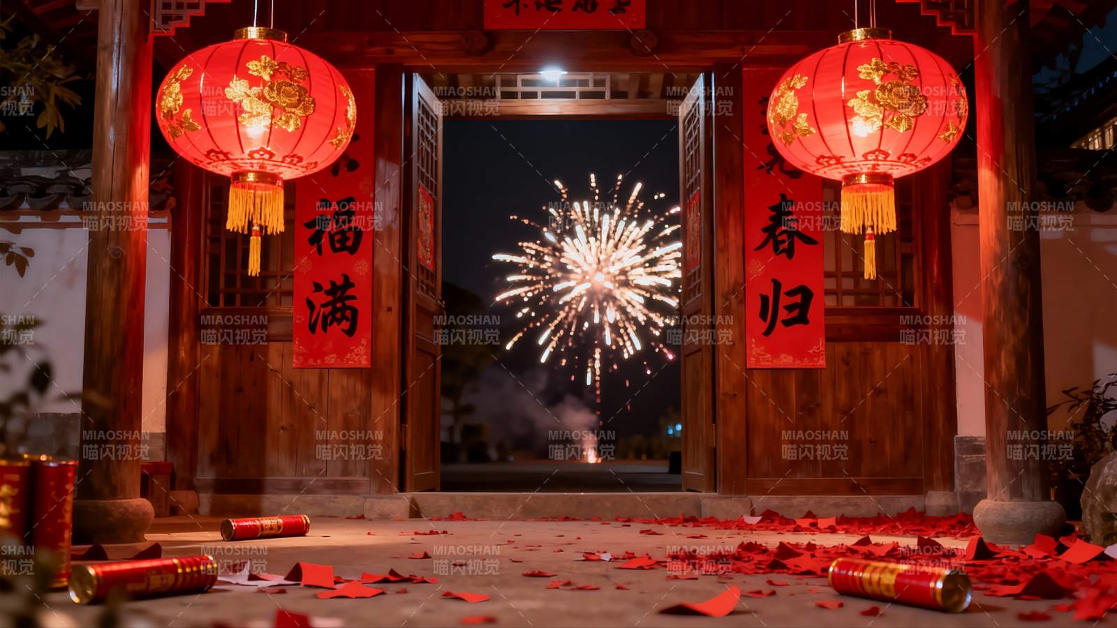 古建筑前夜放烟花庆佳节图片