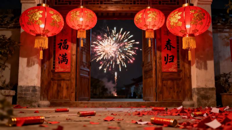 古建筑前烟花绽放红灯笼高挂图片