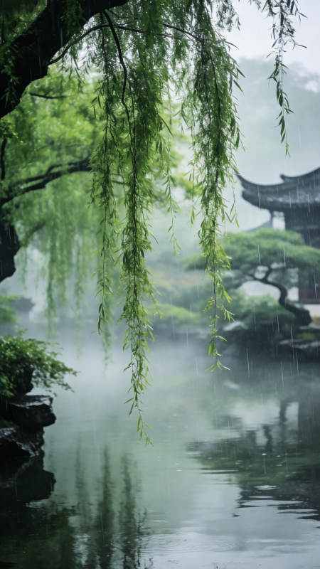 雨中柳影静谧图片