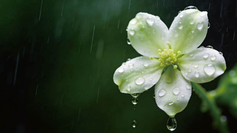 雨中白花绽放图片