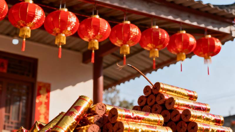 红灯笼与鞭炮迎新春图片