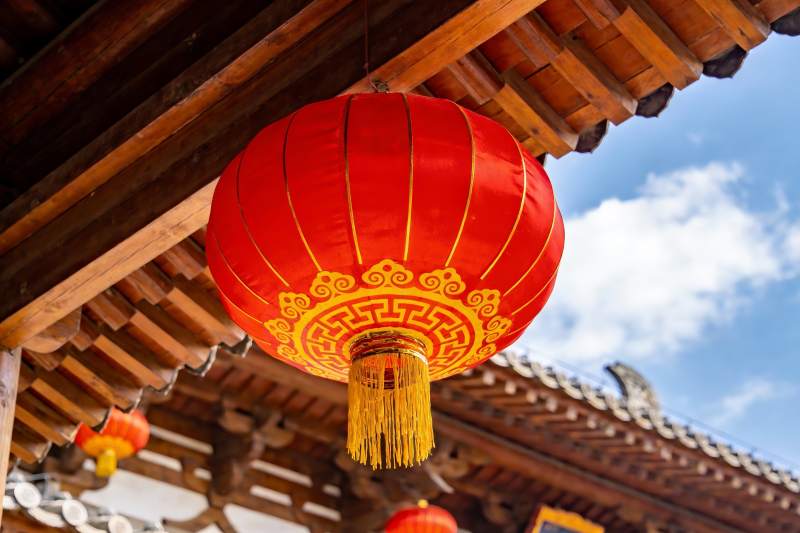 古建筑屋檐下的红色灯笼图片