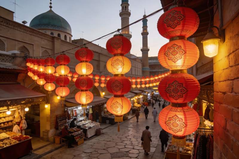 异域风情灯笼街市夜景图片