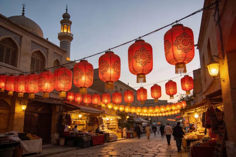 夜市灯笼高挂古建筑街景图片