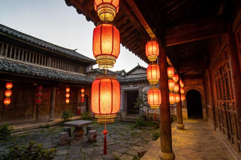 古建筑庭院夜景红灯笼高挂图片