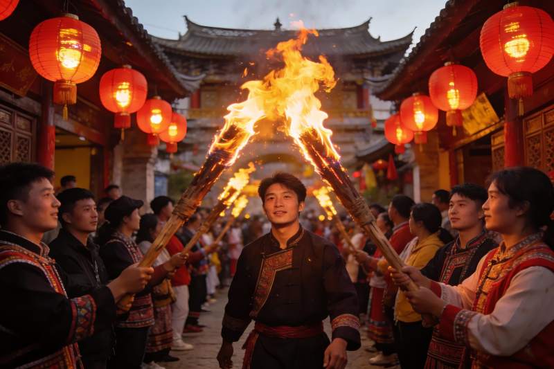 传统节日火把游行热闹非凡图片