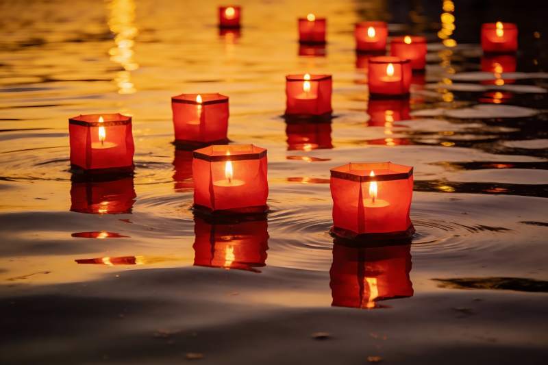 水中漂浮的红色烛灯夜景图片