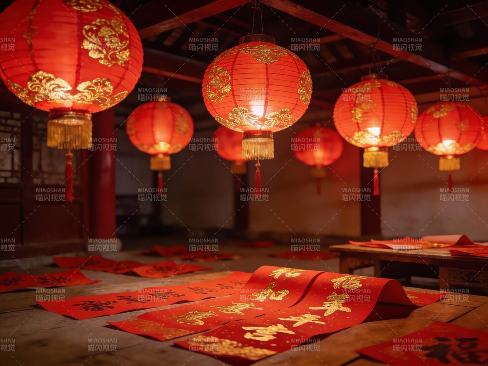 古建筑内挂红灯笼贴春联图片