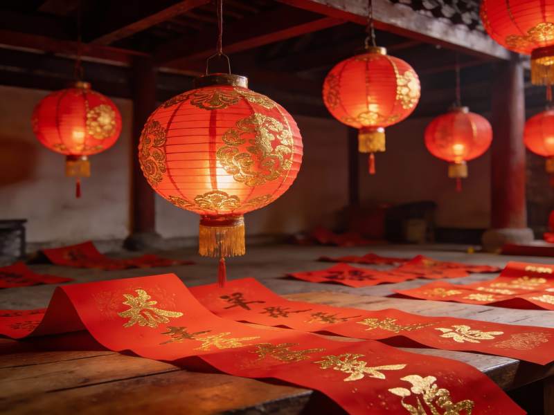 古建筑内红灯笼与春联图片