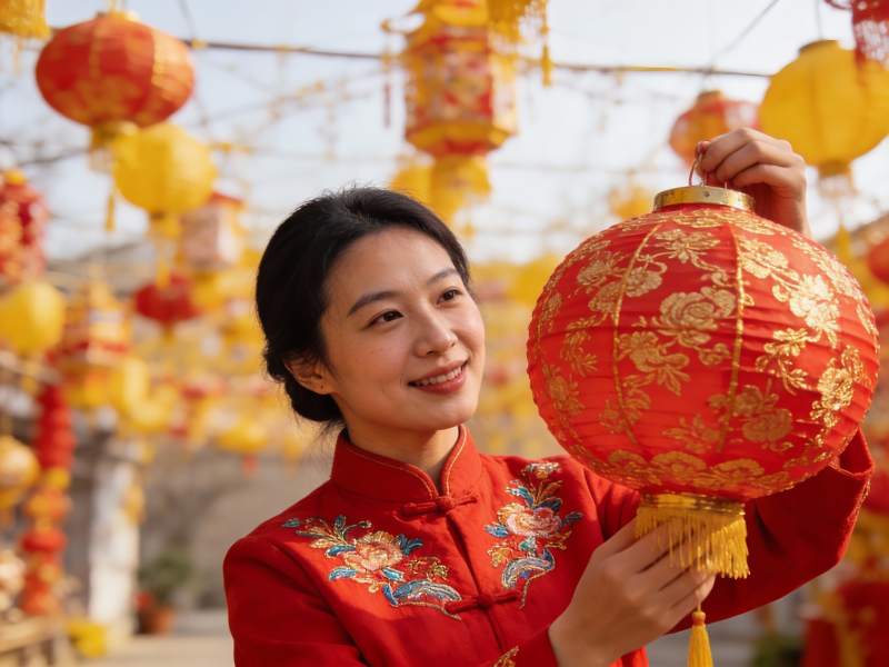 女子手持红灯笼节日氛围浓厚图片