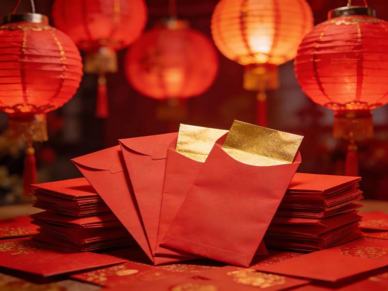 春节红包与红灯笼喜庆场景图片