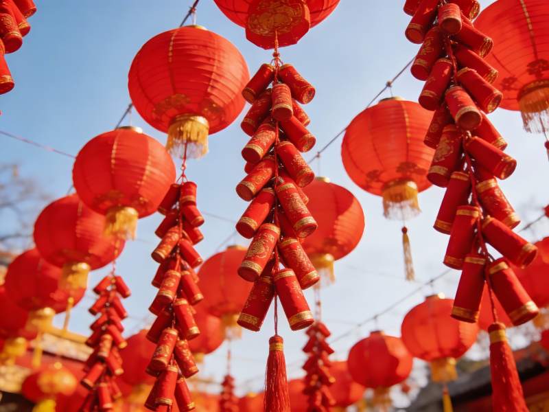 红灯笼与鞭炮迎新春图片