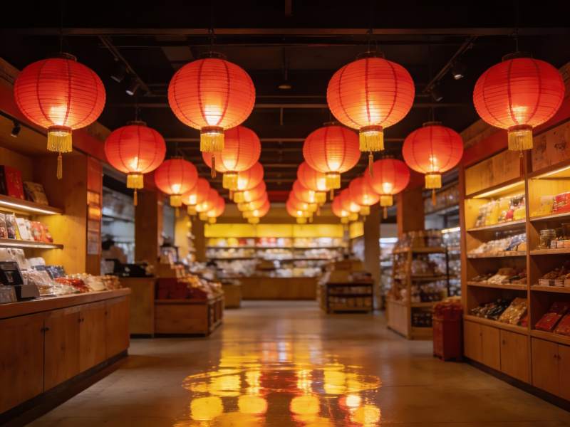 红灯笼装饰的中式店铺走廊图片