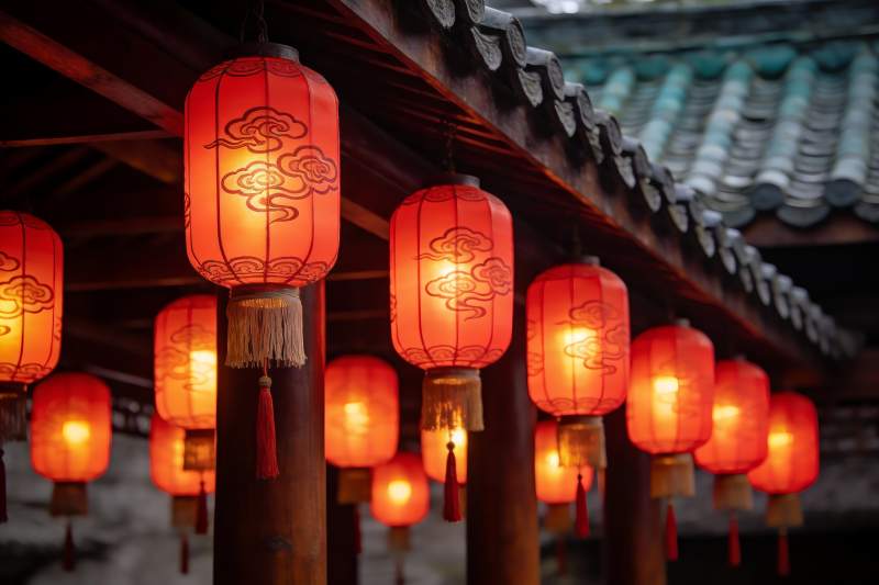 古建筑屋檐下悬挂的红色灯笼图片