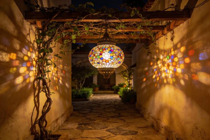 夜色庭院彩灯光影图片