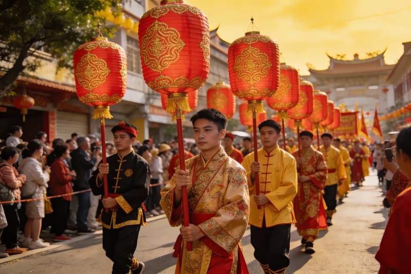 传统节日游行队伍手持红灯笼图片