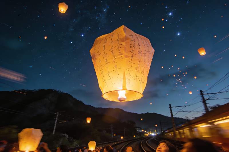 夜空孔明灯祈福图片