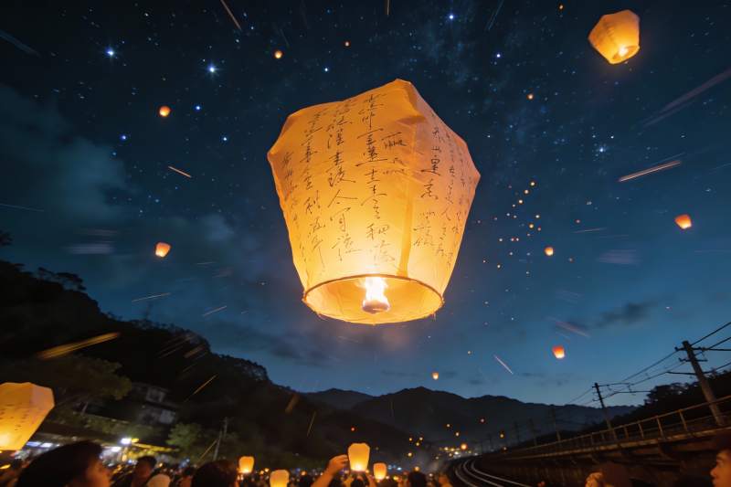 夜空孔明灯祈福盛景图片