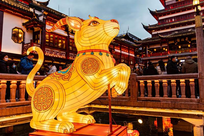 夜景中发光的动物灯笼与古建筑图片