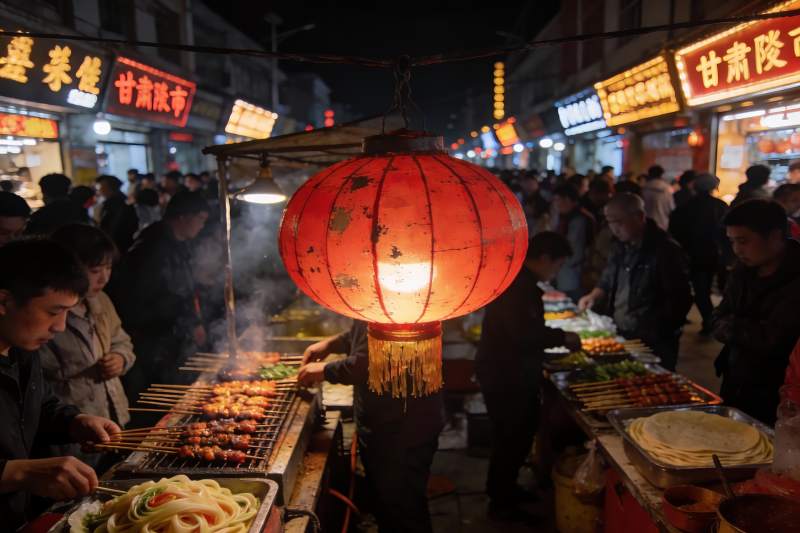 夜市灯火辉煌 烧烤摊前人潮涌动图片