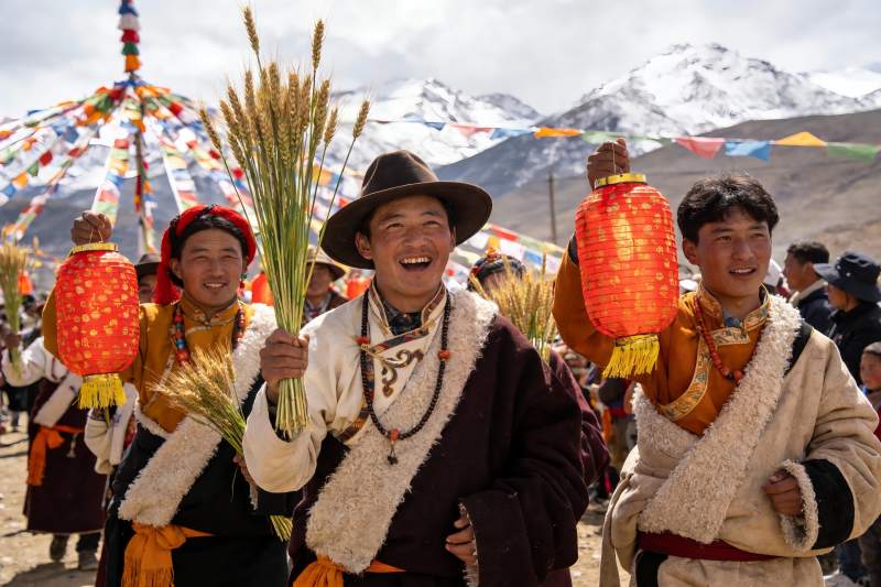 藏族男子手持麦穗红灯欢庆节日图片