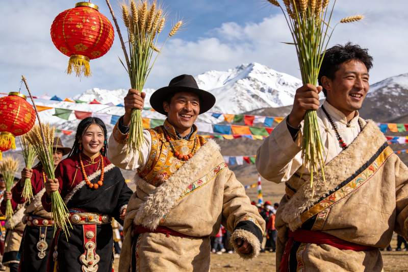 身着民族服饰手持麦穗与红灯笼图片