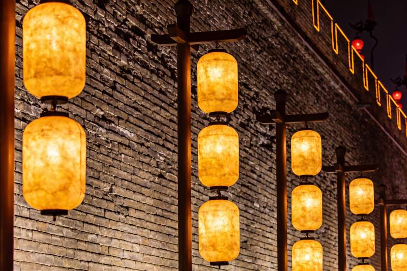 古墙夜灯映衬传统灯笼图片