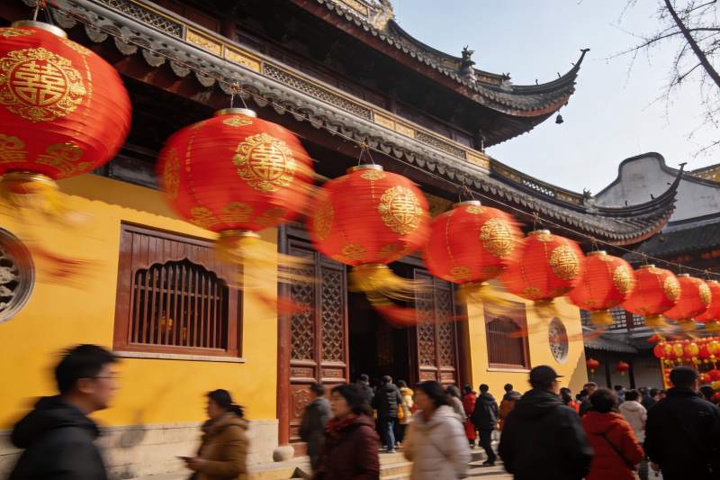 古建筑前挂红灯笼人群熙攘图片