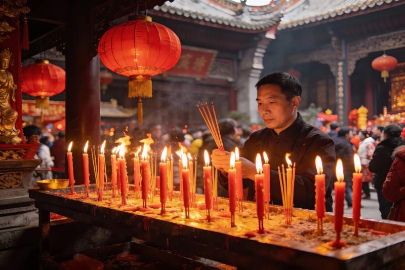 寺庙中男子点燃香烛祈福图片