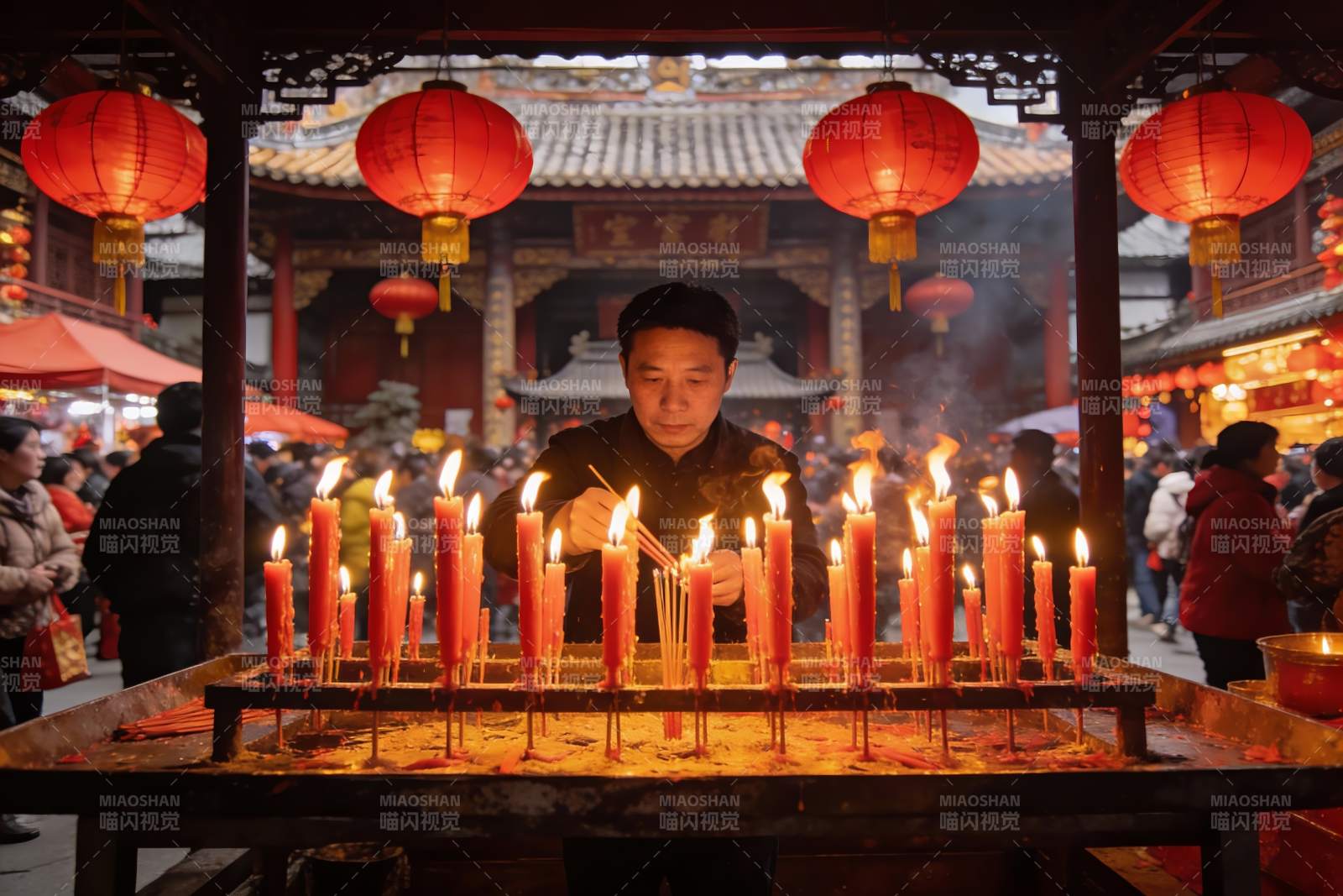 寺庙前男子点燃蜡烛祈福图片