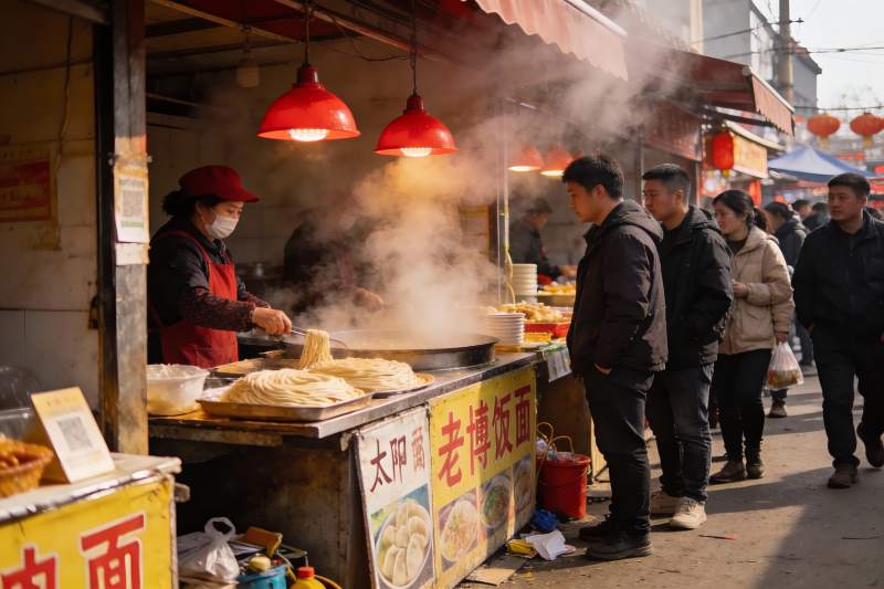 街头面食摊热气腾腾顾客排队图片