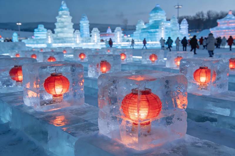 冰灯节夜景冰雕灯笼交相辉映图片