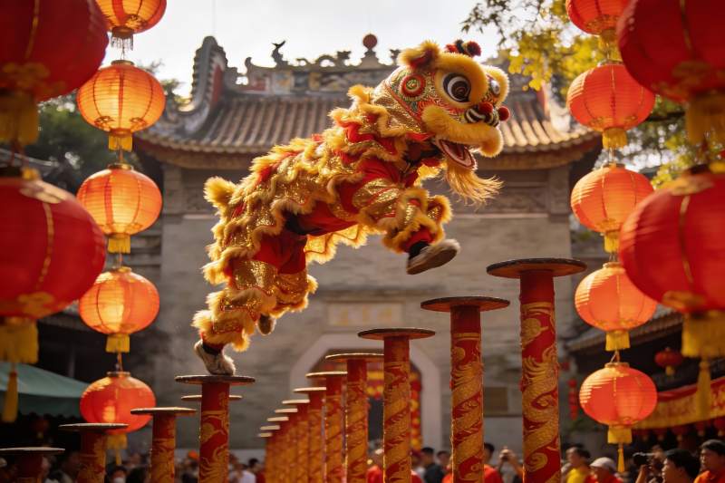 舞狮表演跃上高桩红灯笼环绕图片