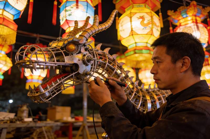 男子夜间制作金属龙灯图片