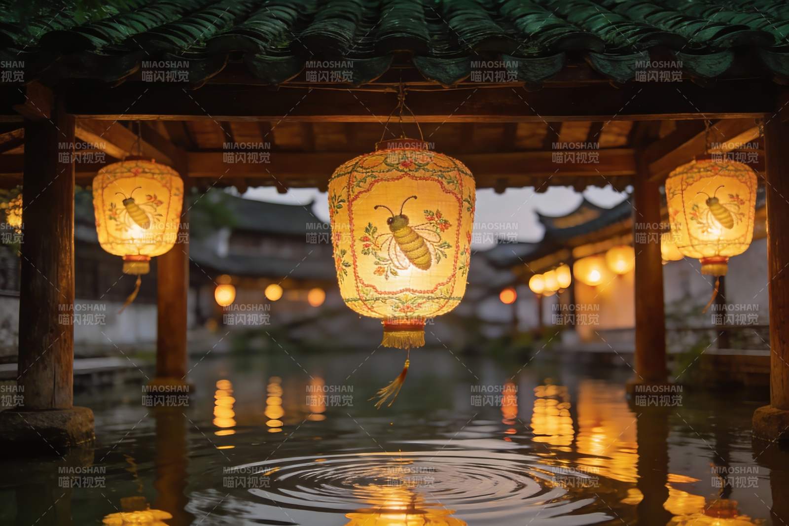 古风灯笼映水景图片