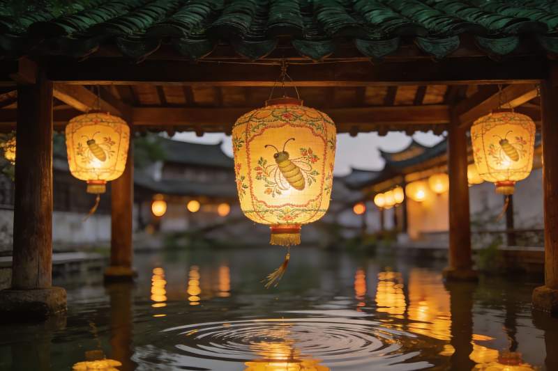 古风灯笼映水景图片