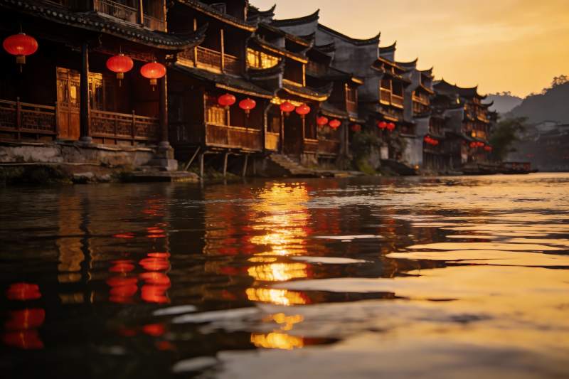 古建筑临水夜景红灯笼图片