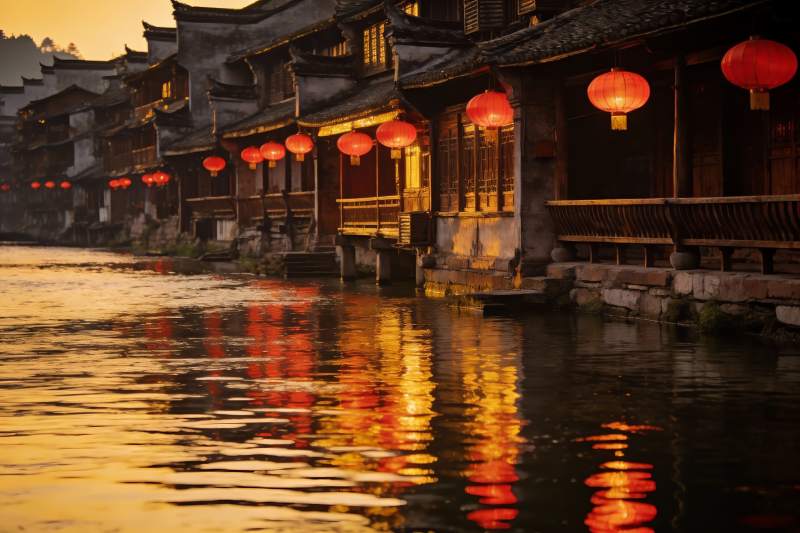 古街水乡夜景灯笼倒影图片