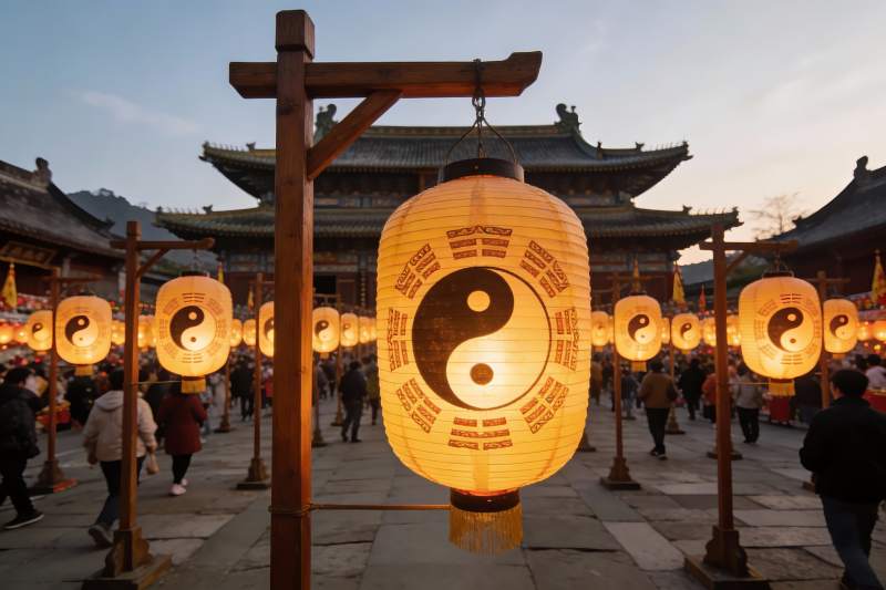 古建筑前灯笼映衬下的热闹街景图片