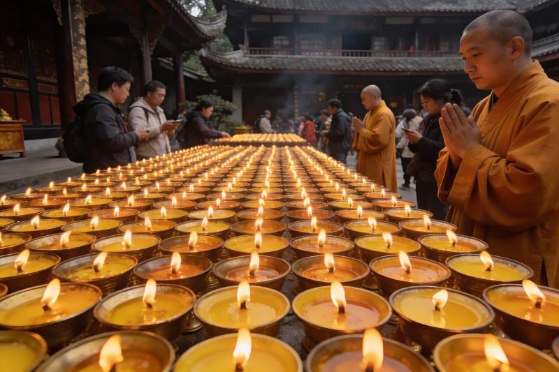寺庙僧侣与信徒点燃蜡烛祈福图片