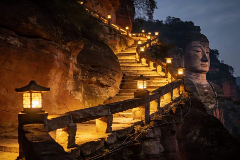 夜色中石阶佛像与灯笼图片