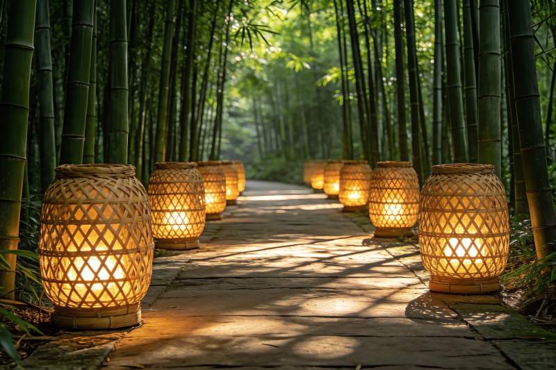 竹林小径灯笼光影图片