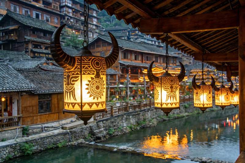 古村夜景灯笼映水图片