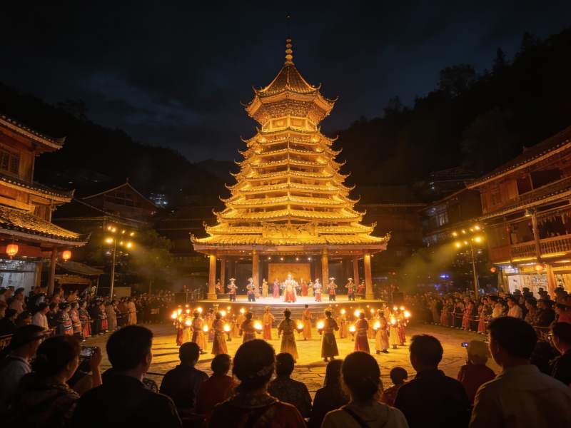 夜幕下古塔前的盛大表演图片